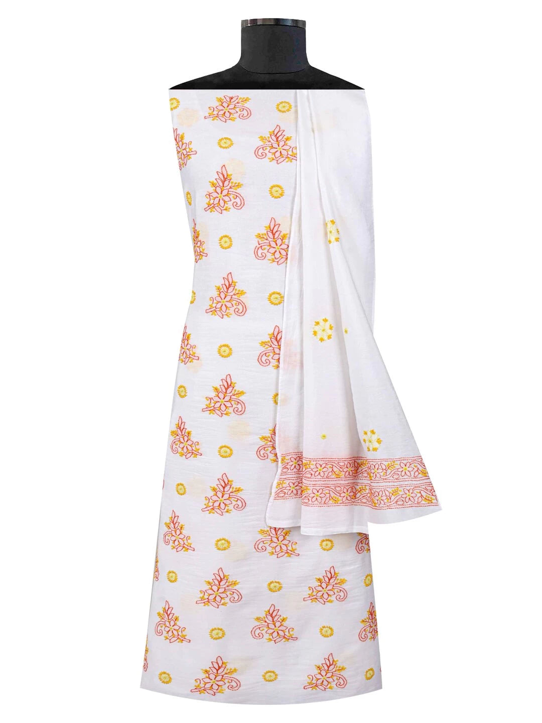 Ada Hand Embroidered White Chanderi Lucknowi Chikankari Unstitched Kurta Dupatta Set 01A158014