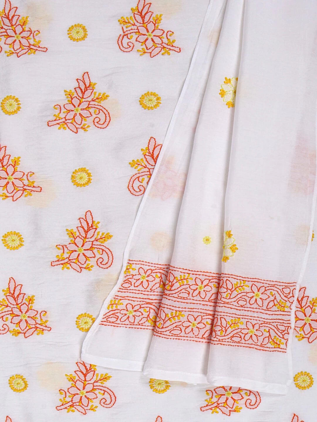 Ada Hand Embroidered White Chanderi Lucknowi Chikankari Unstitched Kurta Dupatta Set 01A158014