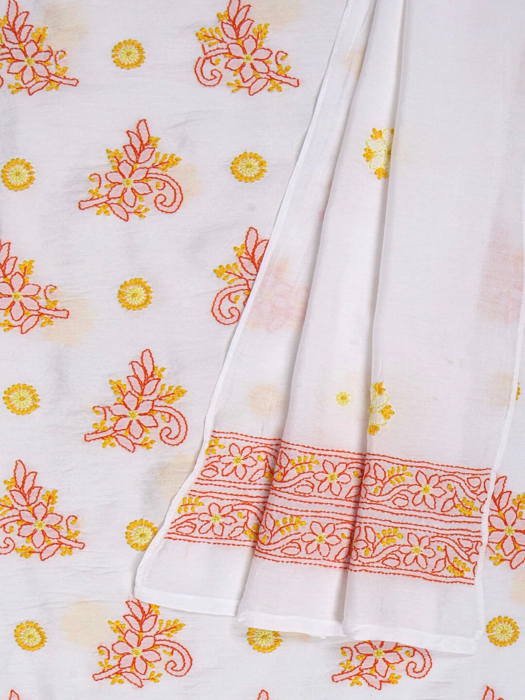 Ada Hand Embroidered White Chanderi Lucknowi Chikankari Unstitched Kurta Dupatta Set 01A158014