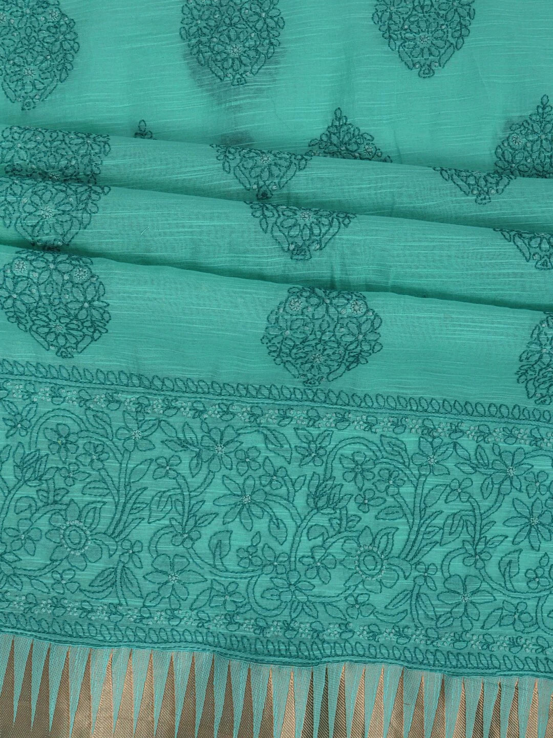 Ada Hand Embroidered Green Chanderi Lucknowi Chikankari Unstitched Kurta Dupatta Set 01A127060