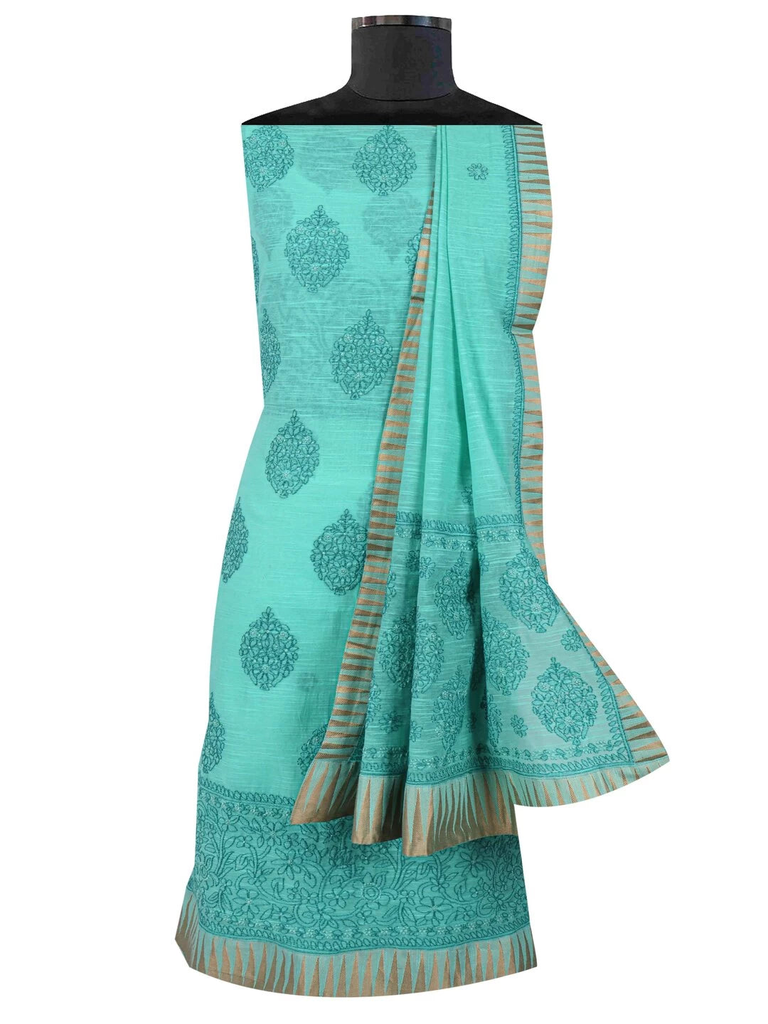 Ada Hand Embroidered Green Chanderi Lucknowi Chikankari Unstitched Kurta Dupatta Set 01A127060