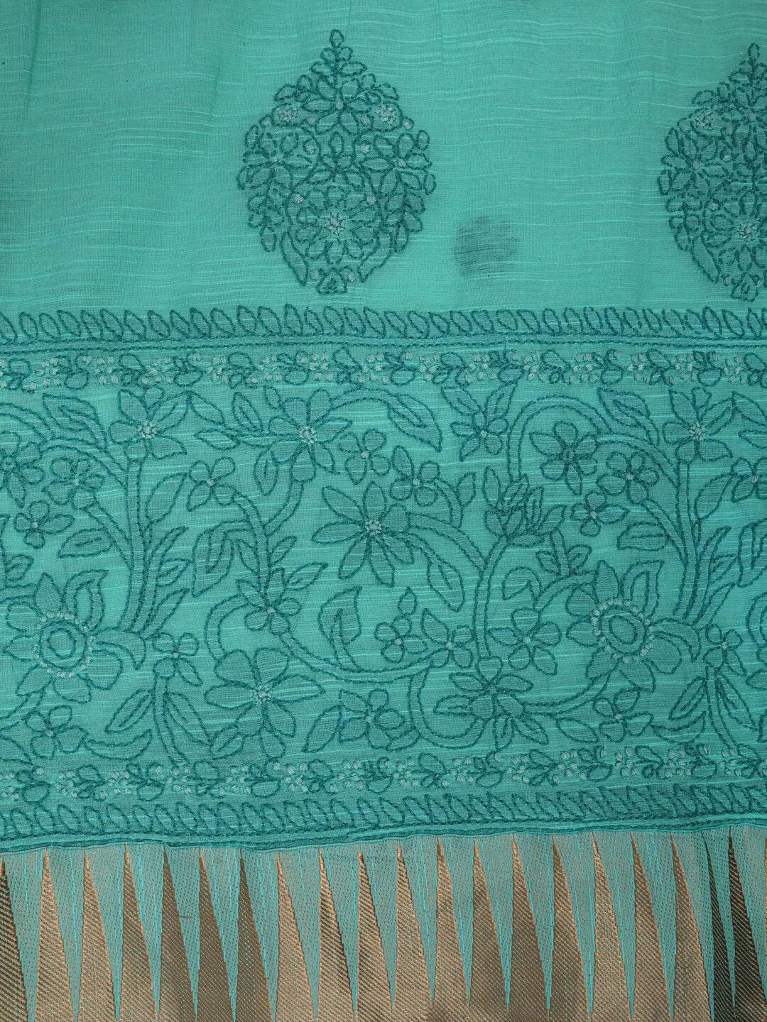 Ada Hand Embroidered Green Chanderi Lucknowi Chikankari Unstitched Kurta Dupatta Set 01A127060