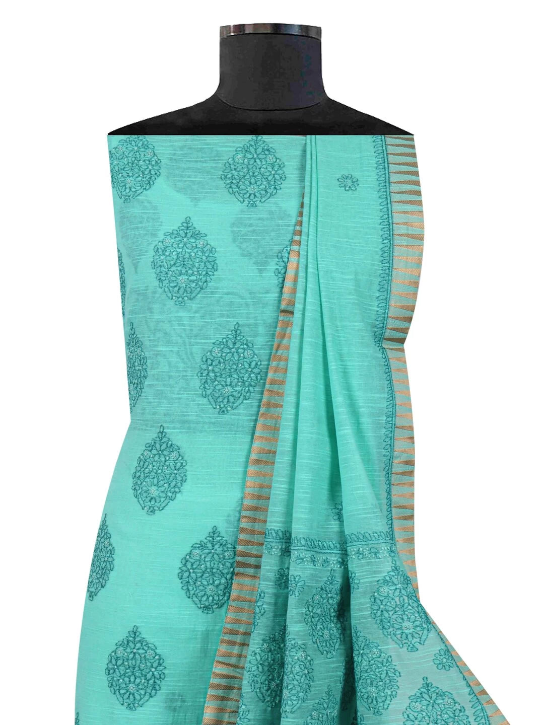 Ada Hand Embroidered Green Chanderi Lucknowi Chikankari Unstitched Kurta Dupatta Set 01A127060