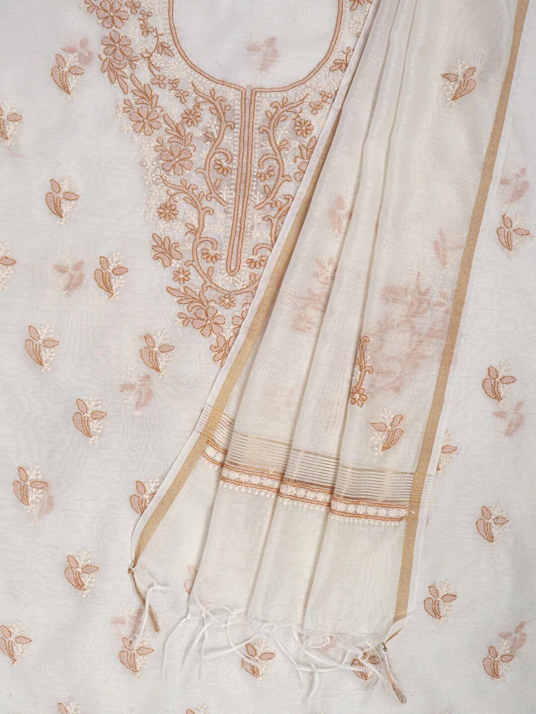 Ada Hand Embroidered Cream Chanderi Lucknowi Chikankari Unstitched Kurta Dupatta Set 01A38261