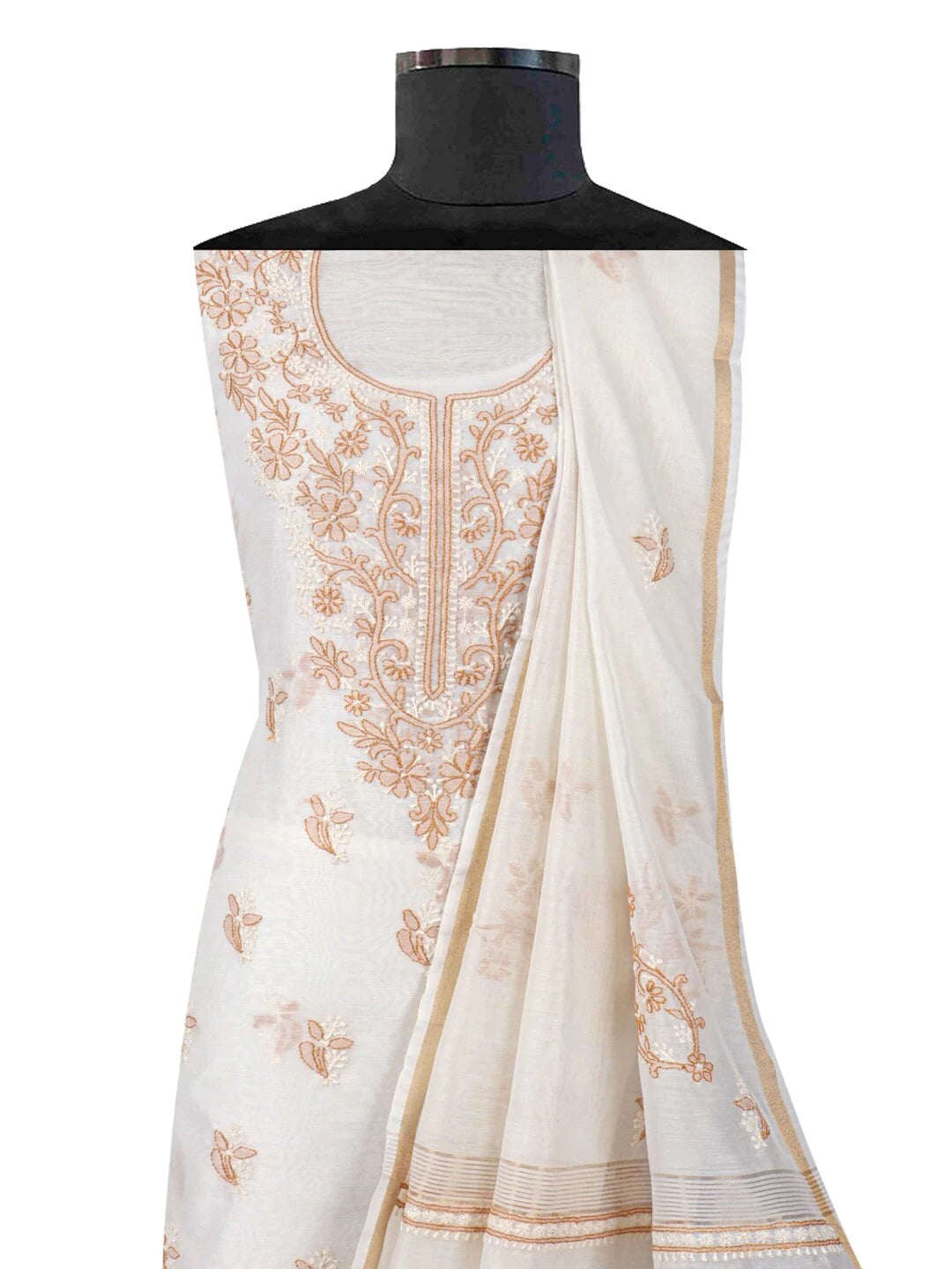 Ada Hand Embroidered Cream Chanderi Lucknowi Chikankari Unstitched Kurta Dupatta Set 01A38261