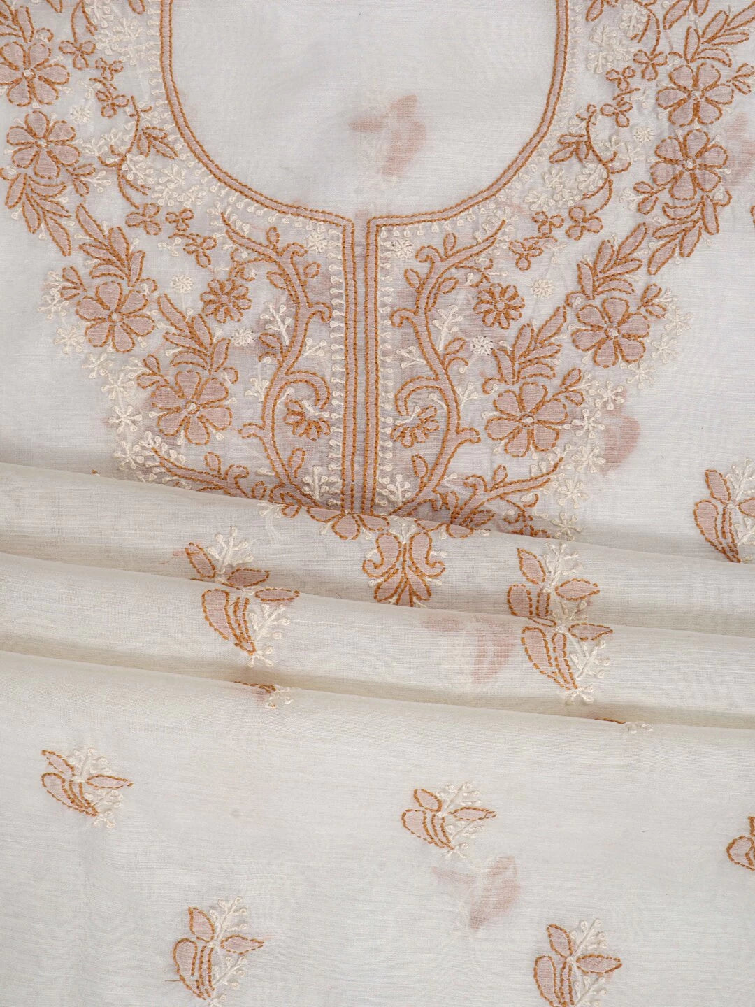 Ada Hand Embroidered Cream Chanderi Lucknowi Chikankari Unstitched Kurta Dupatta Set 01A38261