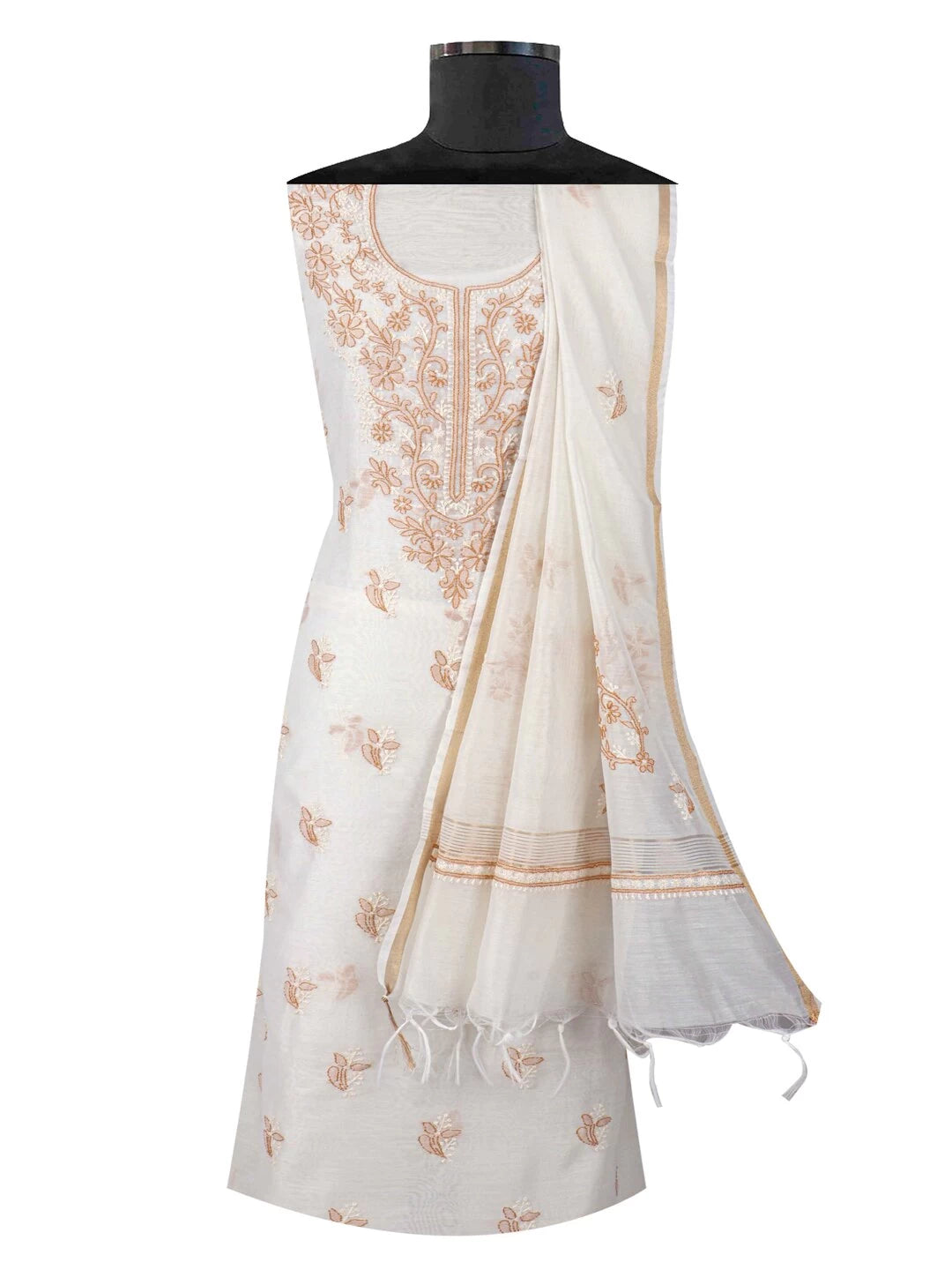 Ada Hand Embroidered Cream Chanderi Lucknowi Chikankari Unstitched Kurta Dupatta Set 01A38261
