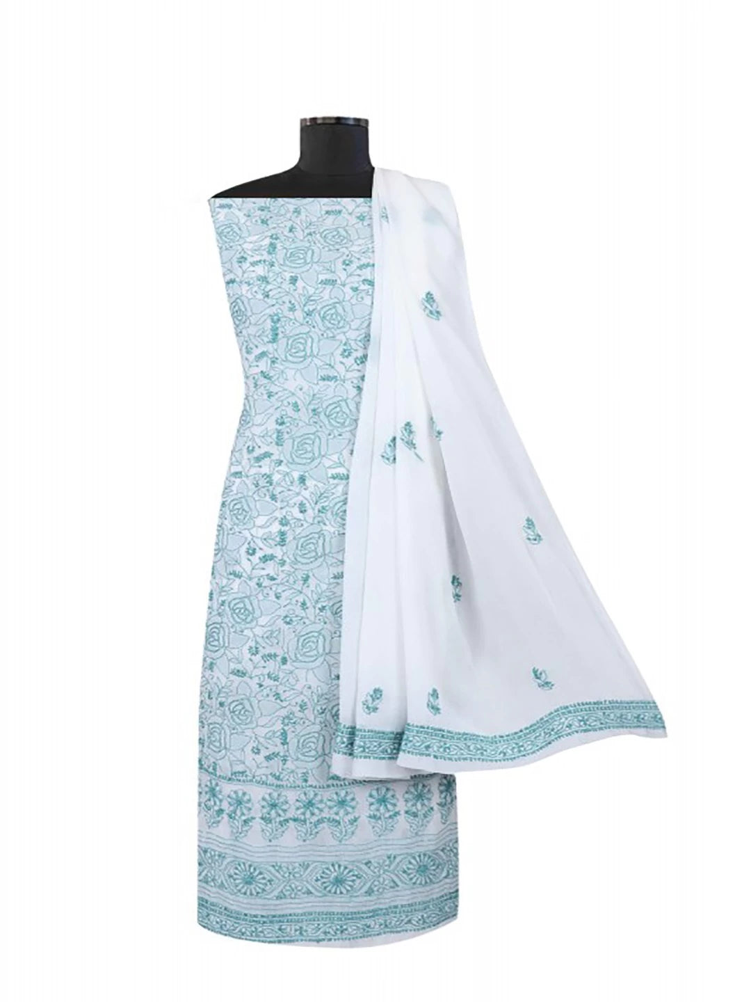 Ada Hand Embroidered White Georgette Lucknowi Chikankari Unstitched Kurta Dupatta Set A459567