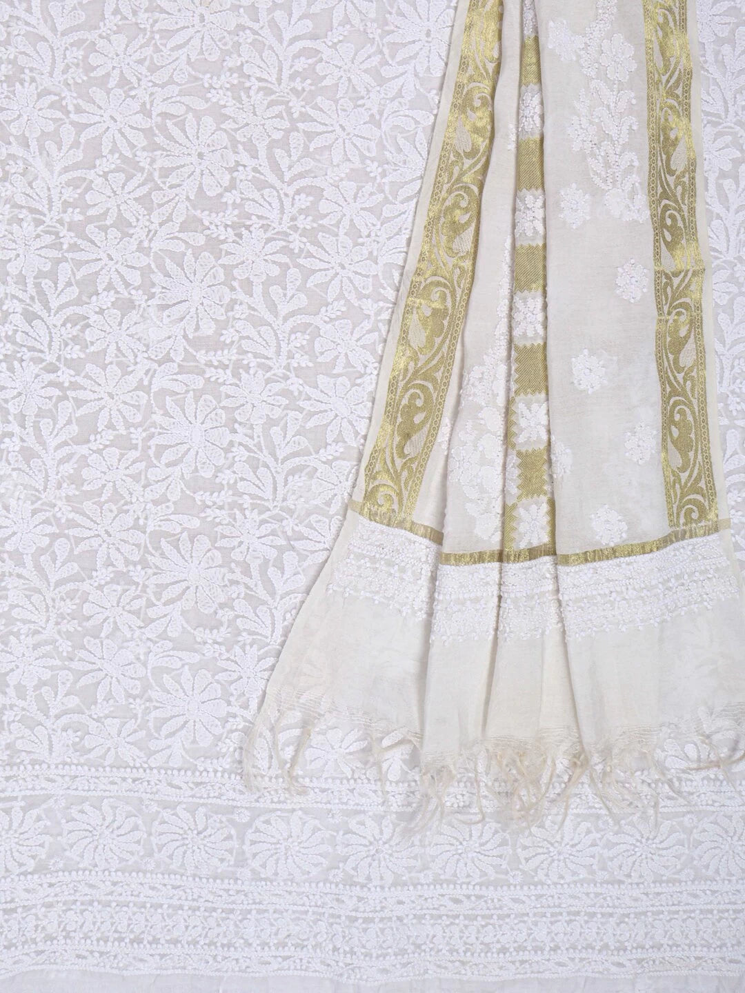 Ada Hand Embroidered White Chanderi Lucknowi Chikankari Unstitched Kurta Dupatta Set 01A157985
