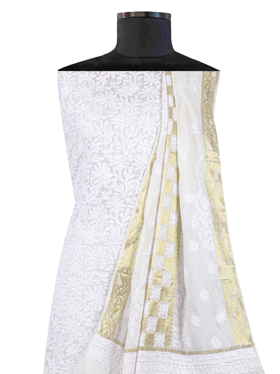 Ada Hand Embroidered White Chanderi Lucknowi Chikankari Unstitched Kurta Dupatta Set 01A157985