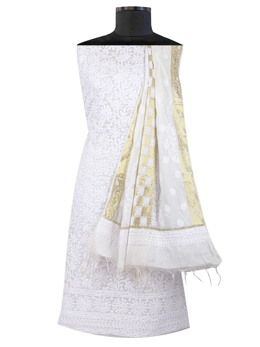 Ada Hand Embroidered White Chanderi Lucknowi Chikankari Unstitched Kurta Dupatta Set 01A157985
