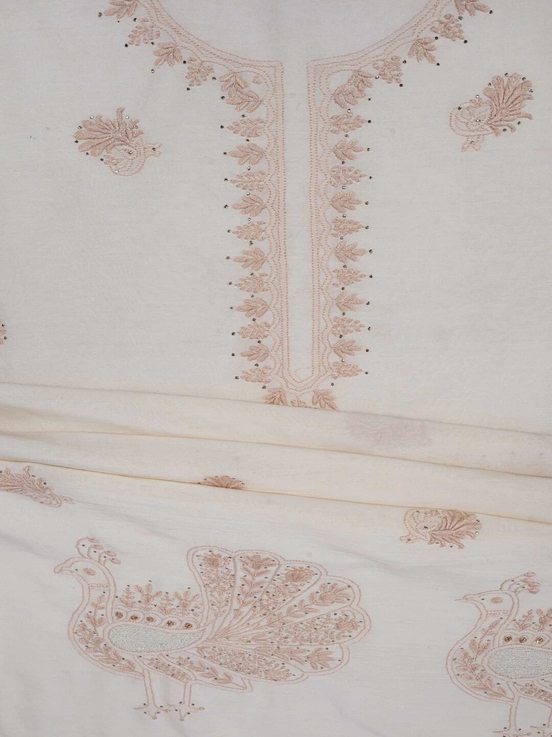 Ada Hand Embroidered Cream Chanderi Lucknowi Chikankari Unstitched Kurta Dupatta Set With Muqaish Work A401699