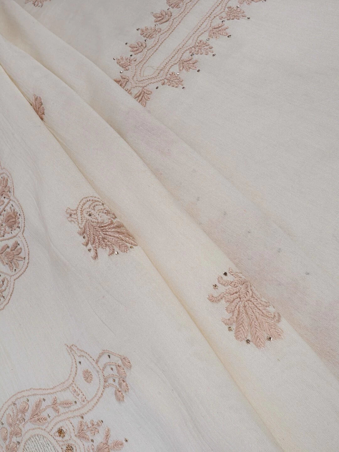 Ada Hand Embroidered Cream Chanderi Lucknowi Chikankari Unstitched Kurta Dupatta Set With Muqaish Work A401699