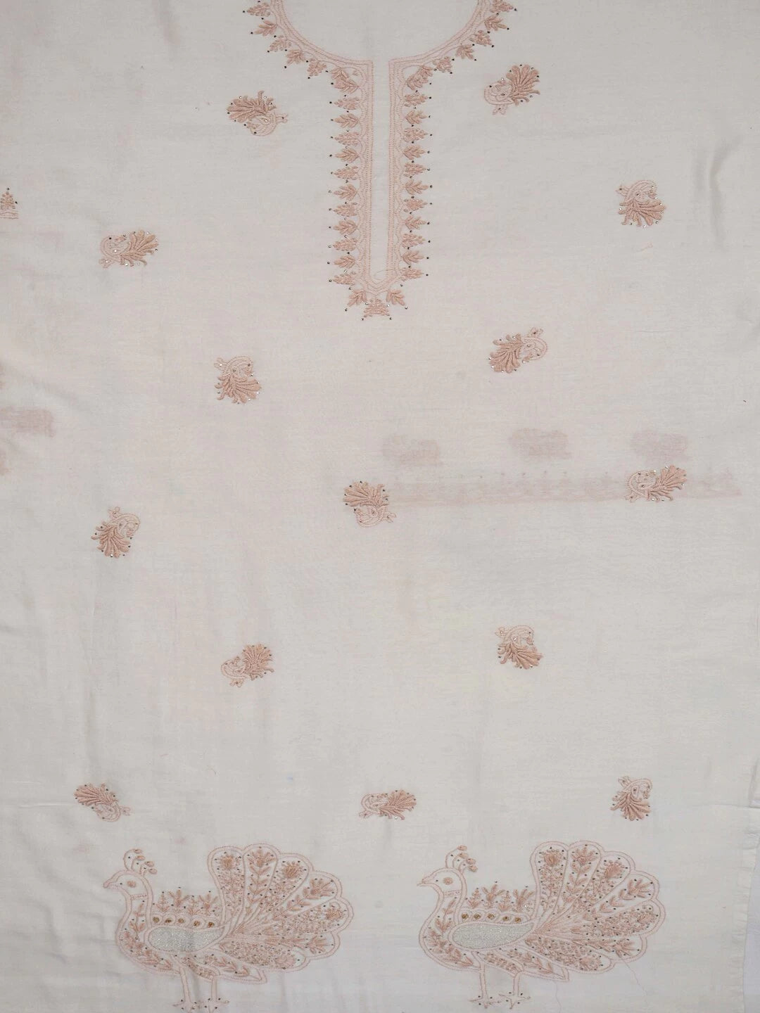 Ada Hand Embroidered Cream Chanderi Lucknowi Chikankari Unstitched Kurta Dupatta Set With Muqaish Work A401699
