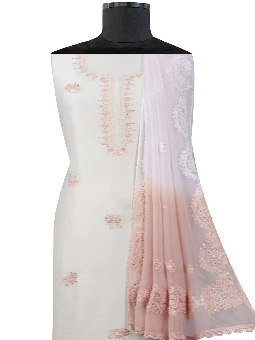 Ada Hand Embroidered Cream Chanderi Lucknowi Chikankari Unstitched Kurta Dupatta Set With Muqaish Work A401699