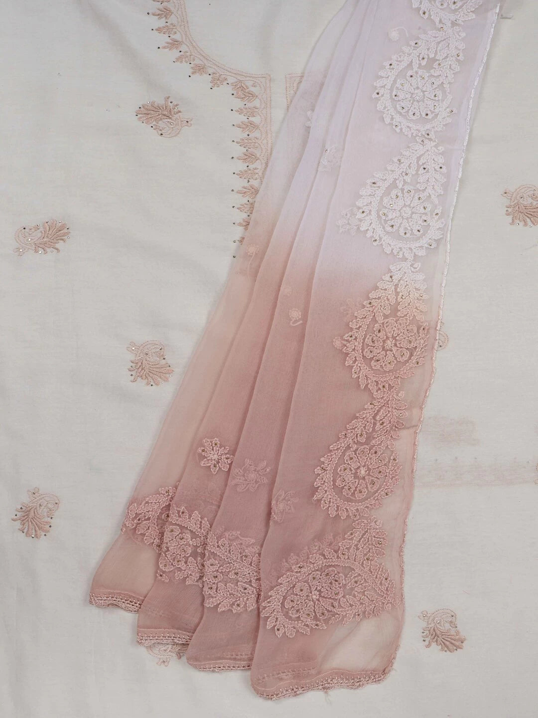 Ada Hand Embroidered Cream Chanderi Lucknowi Chikankari Unstitched Kurta Dupatta Set With Muqaish Work A401699