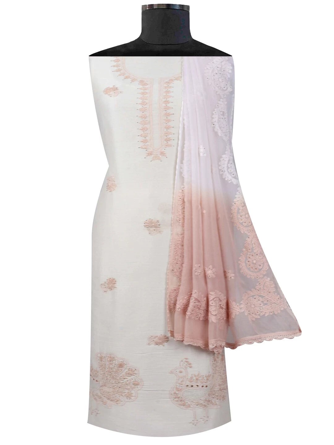 Ada Hand Embroidered Cream Chanderi Lucknowi Chikankari Unstitched Kurta Dupatta Set With Muqaish Work A401699