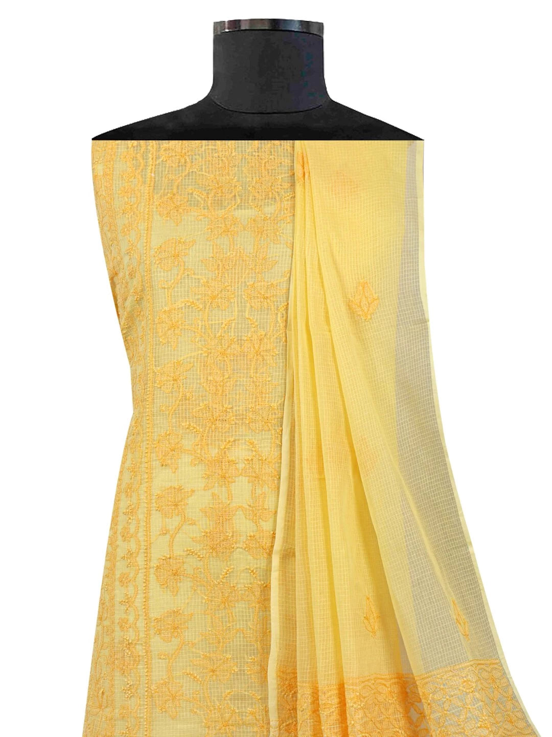 Ada Hand Embroidered Yellow Kota Lucknowi Chikankari Unstitched Kurta Dupatta Set 01A94754