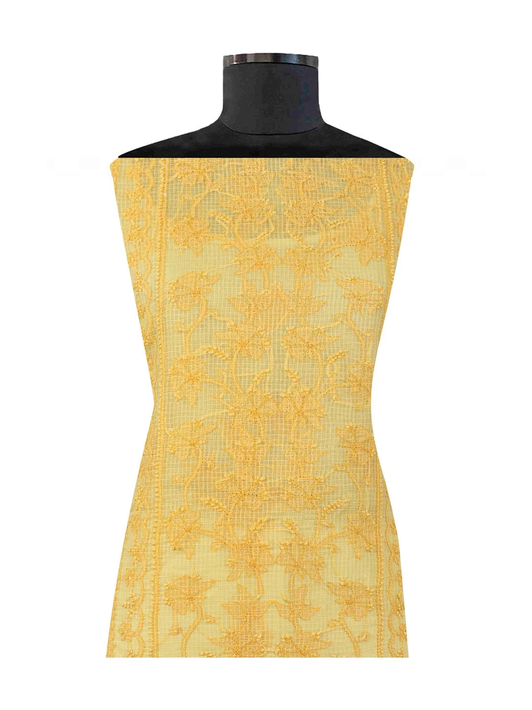 Ada Hand Embroidered Yellow Kota Lucknowi Chikankari Unstitched Kurta Dupatta Set 01A94754