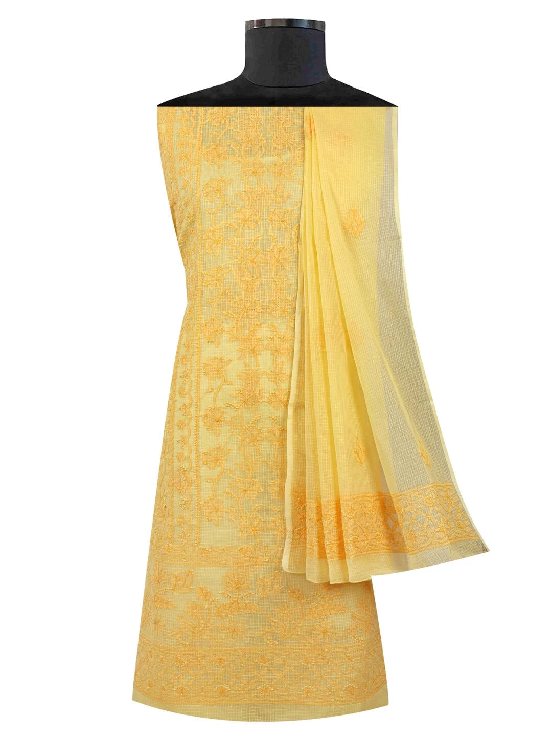 Ada Hand Embroidered Yellow Kota Lucknowi Chikankari Unstitched Kurta Dupatta Set 01A94754