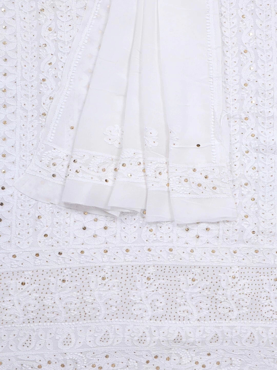 Ada Hand Embroidered White Georgette Lucknowi Chikankari Unstitched Kurta Dupatta Set With Muqaish Work 01A123452