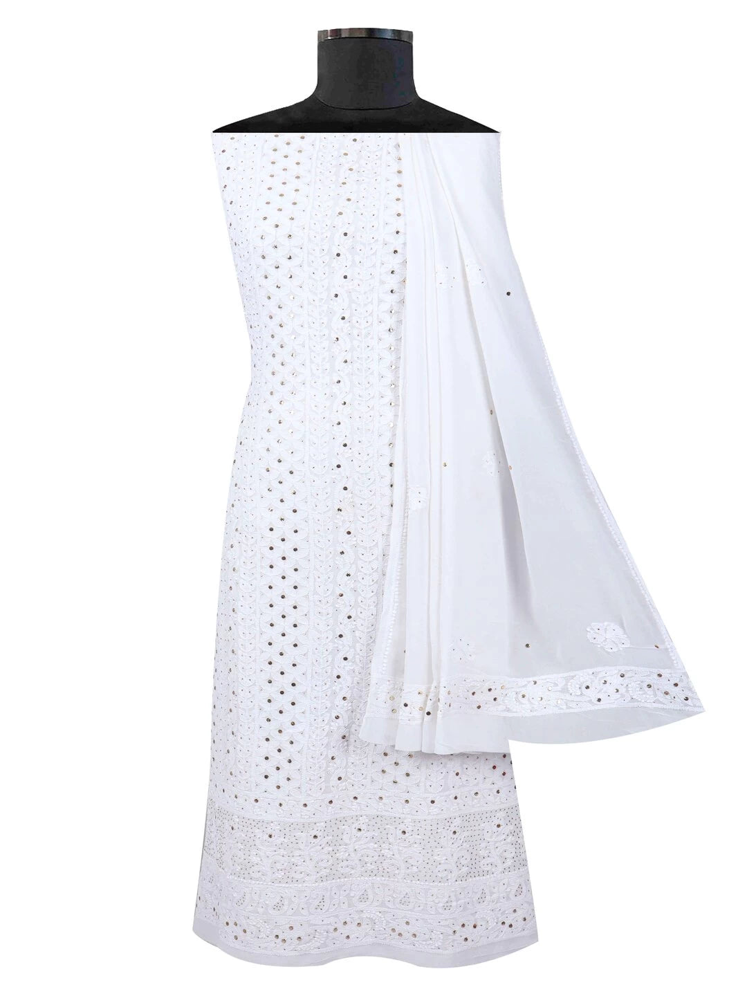 Ada Hand Embroidered White Georgette Lucknowi Chikankari Unstitched Kurta Dupatta Set With Muqaish Work 01A123452