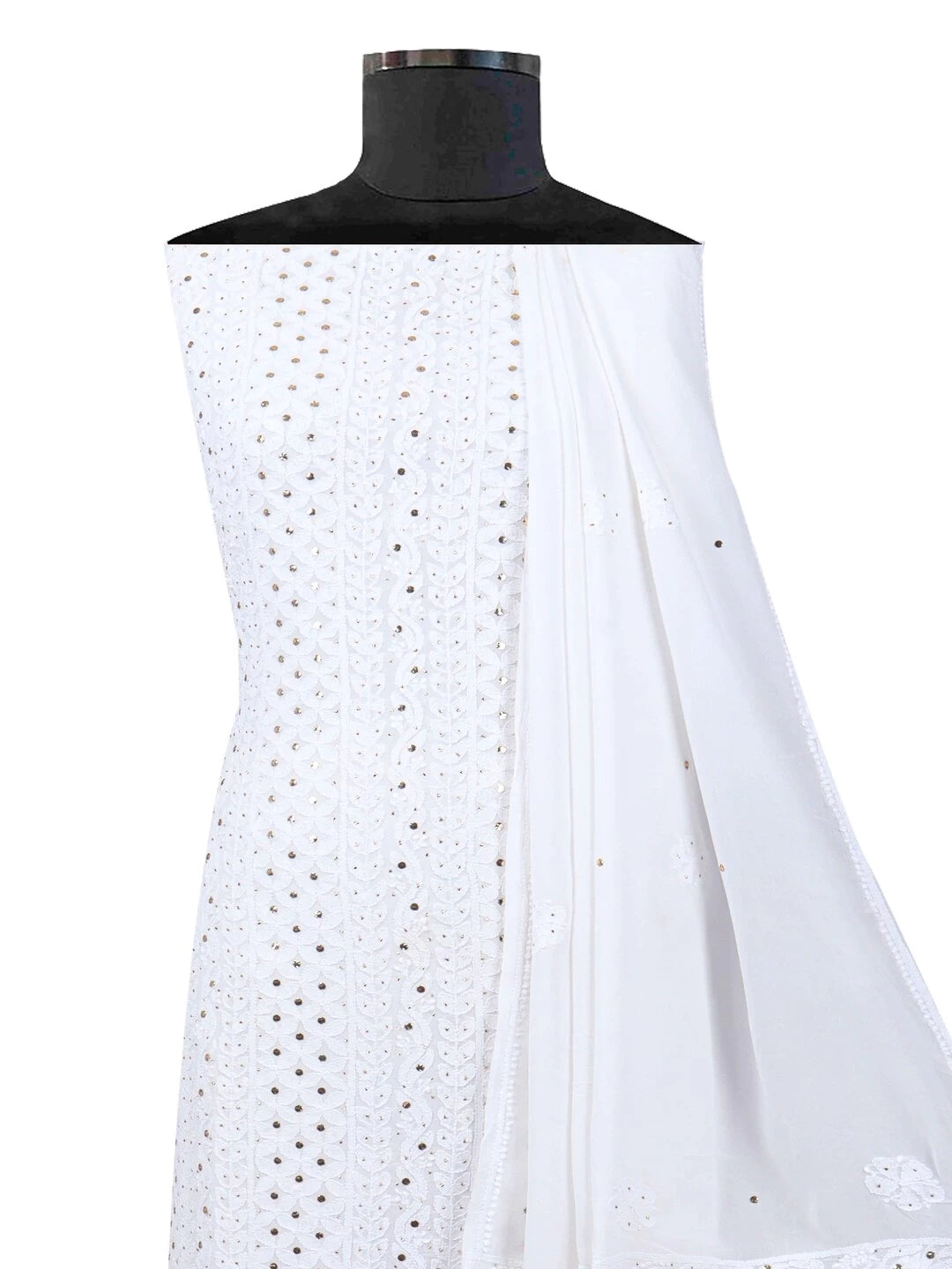 Ada Hand Embroidered White Georgette Lucknowi Chikankari Unstitched Kurta Dupatta Set With Muqaish Work 01A123452