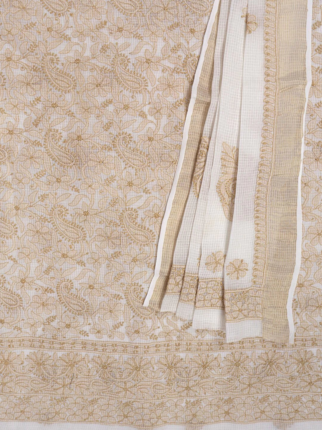 Ada Hand Embroidered Cream Kota Lucknowi Chikankari Unstitched Kurta Dupatta Set 01A125536