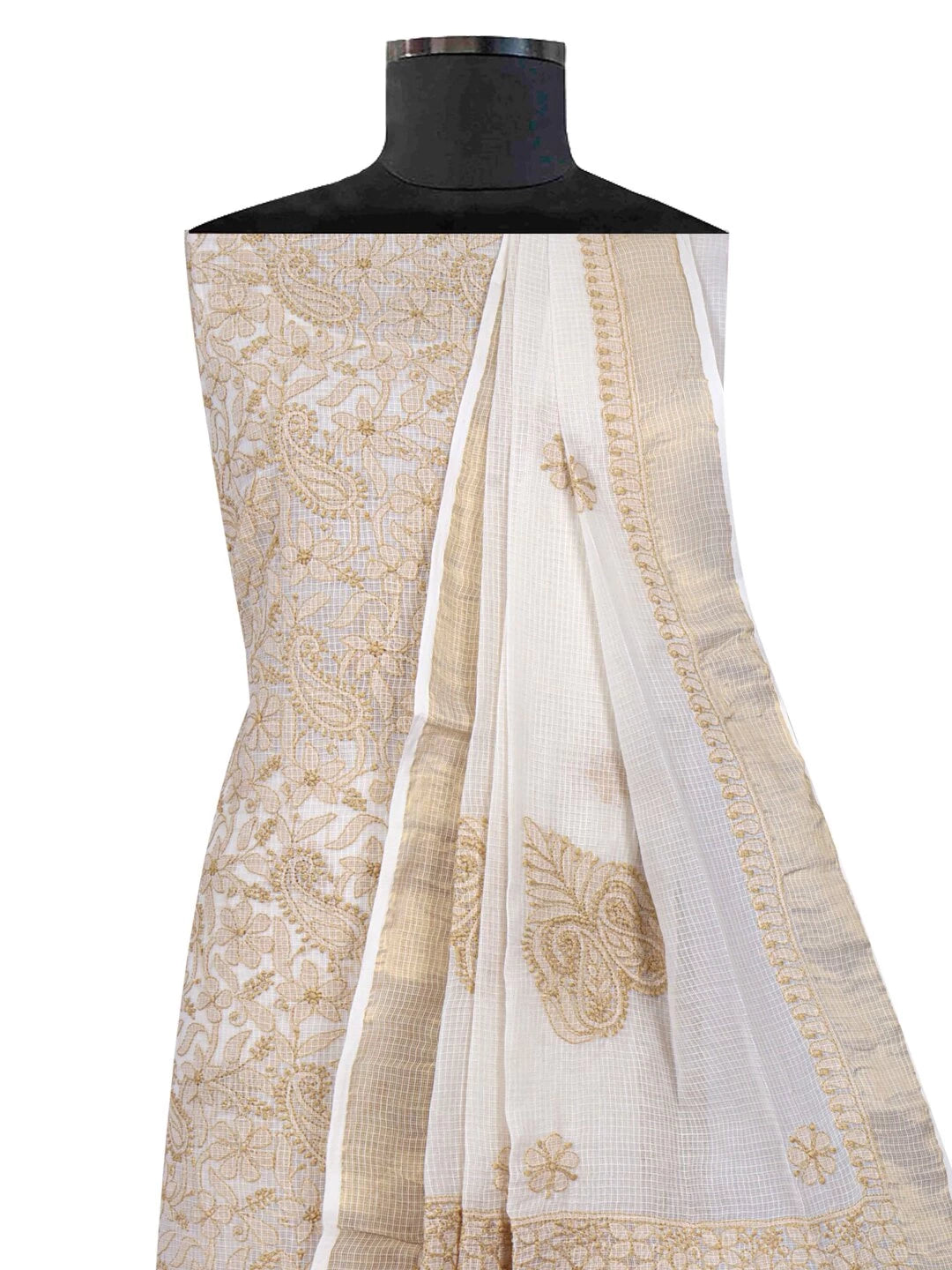 Ada Hand Embroidered Cream Kota Lucknowi Chikankari Unstitched Kurta Dupatta Set 01A125536
