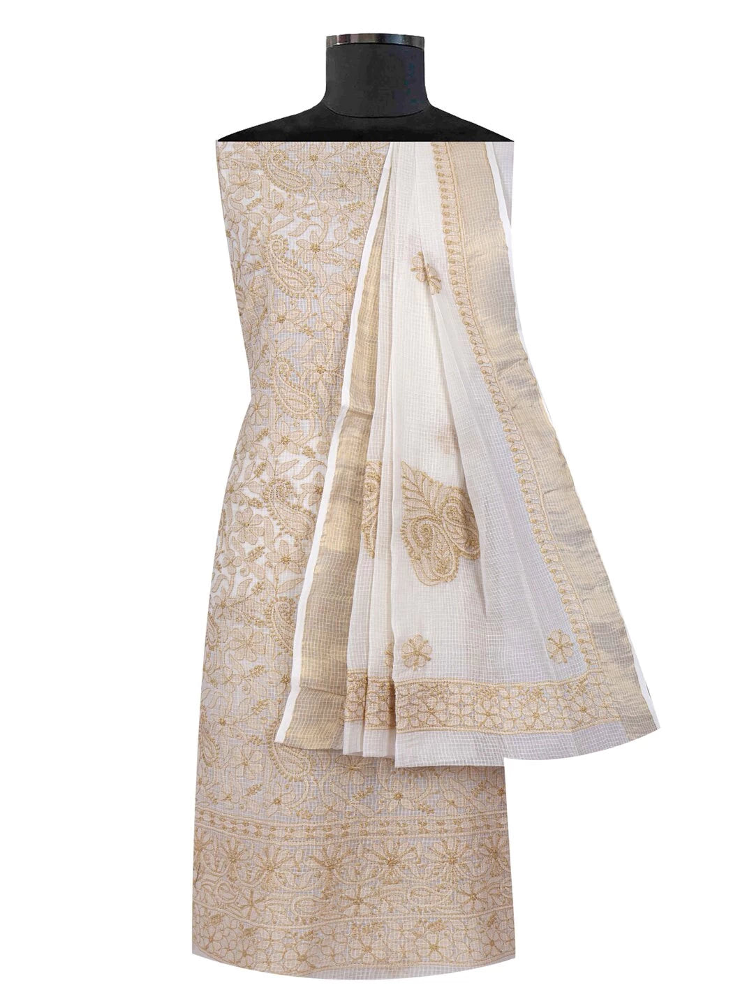Ada Hand Embroidered Cream Kota Lucknowi Chikankari Unstitched Kurta Dupatta Set 01A125536