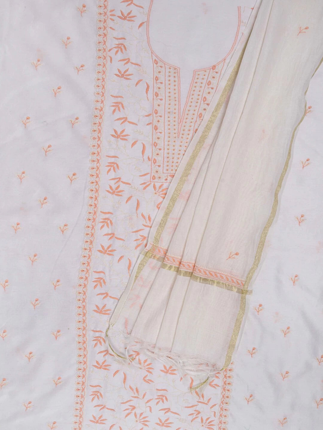 Ada Hand Embroidered White Chanderi Lucknowi Chikankari Unstitched Kurta Dupatta Set 01A136895