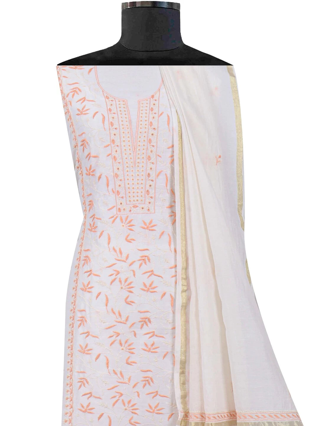 Ada Hand Embroidered White Chanderi Lucknowi Chikankari Unstitched Kurta Dupatta Set 01A136895