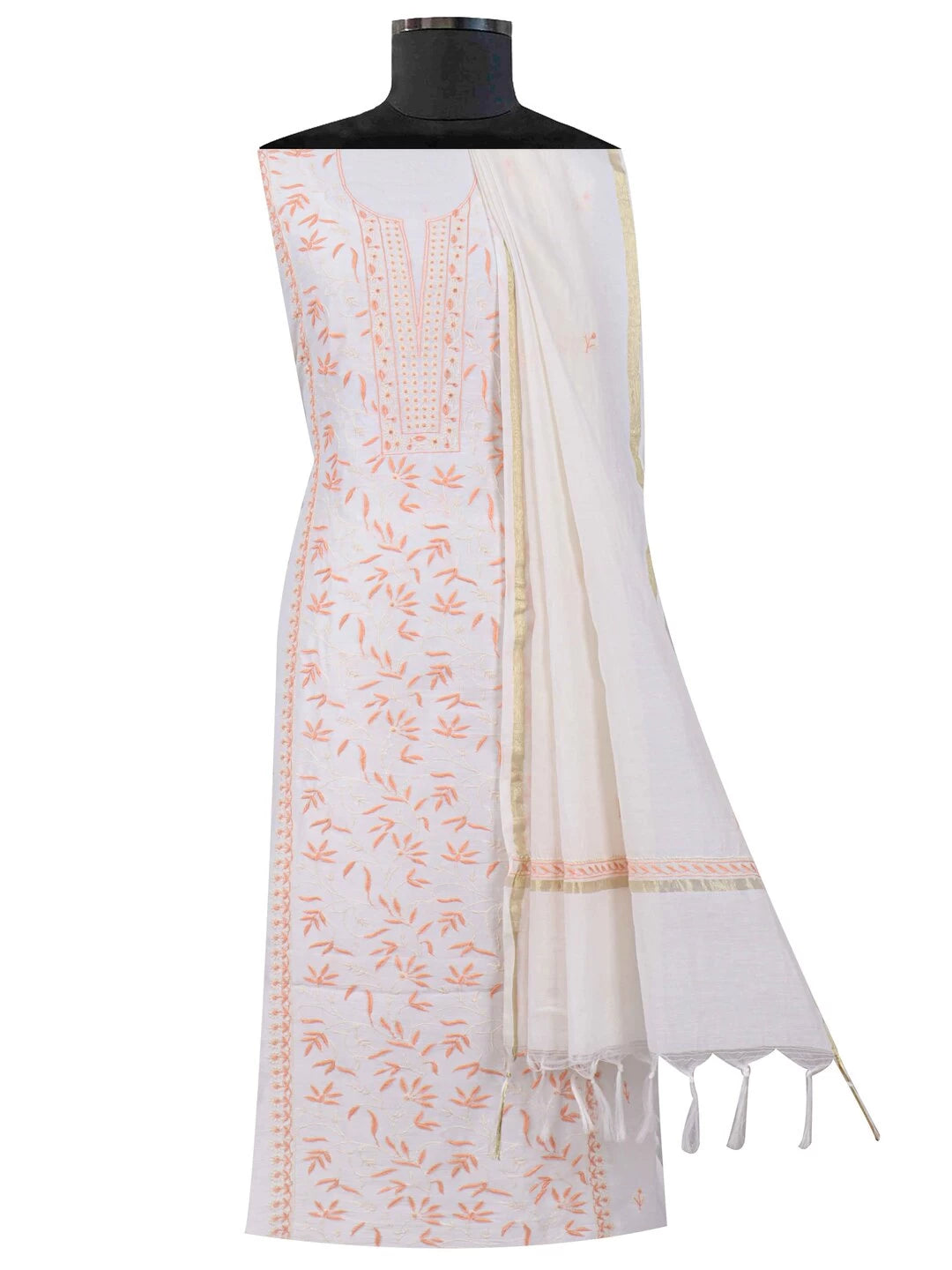 Ada Hand Embroidered White Chanderi Lucknowi Chikankari Unstitched Kurta Dupatta Set 01A136895