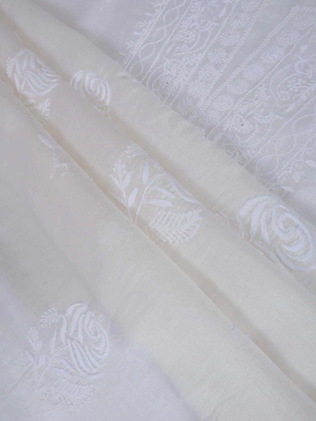 Ada Hand Embroidered White Chanderi Lucknowi Chikankari Unstitched Kurta Dupatta Set 01A133824