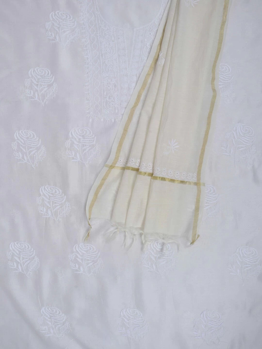 Ada Hand Embroidered White Chanderi Lucknowi Chikankari Unstitched Kurta Dupatta Set 01A133824
