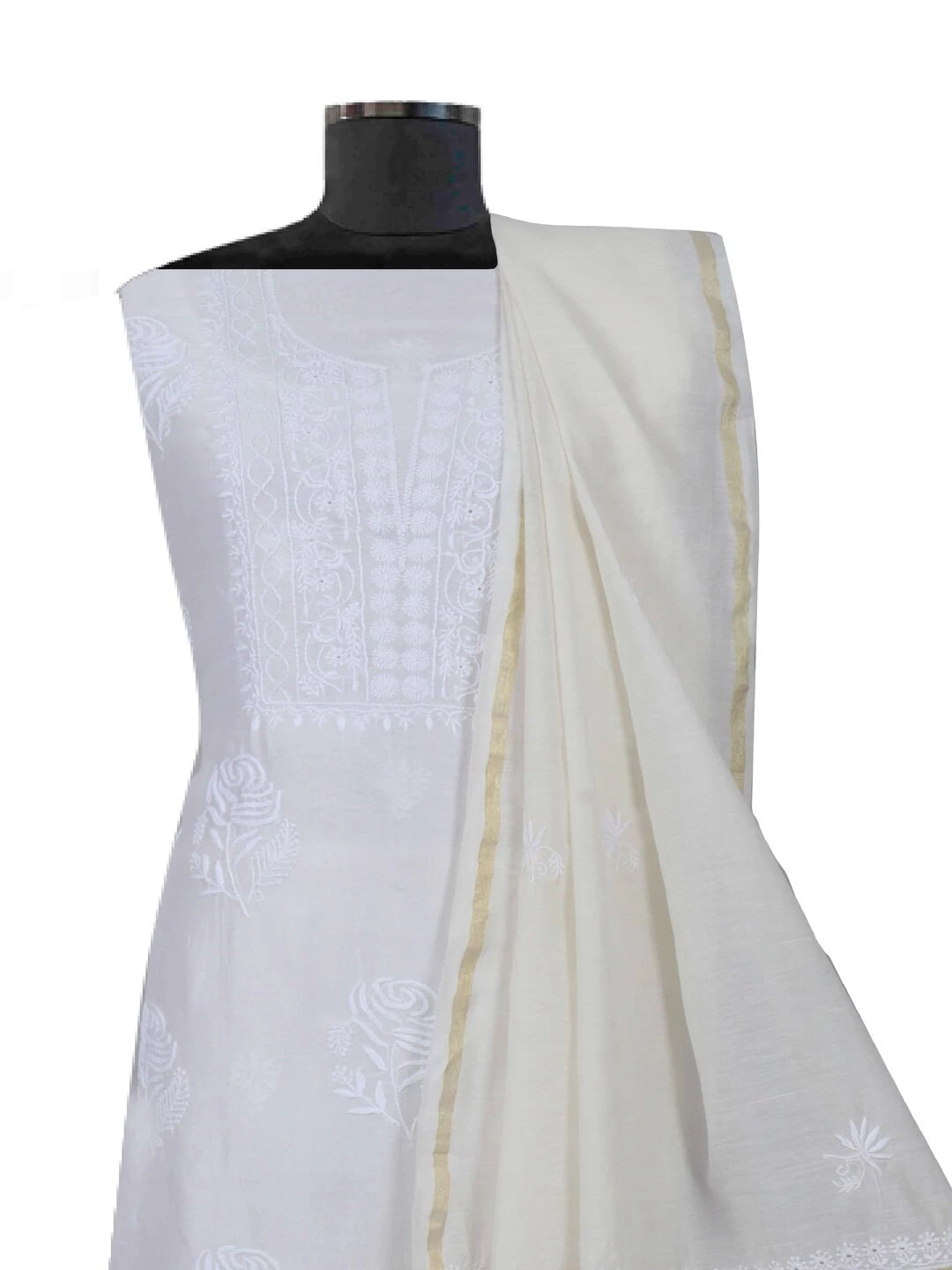 Ada Hand Embroidered White Chanderi Lucknowi Chikankari Unstitched Kurta Dupatta Set 01A133824
