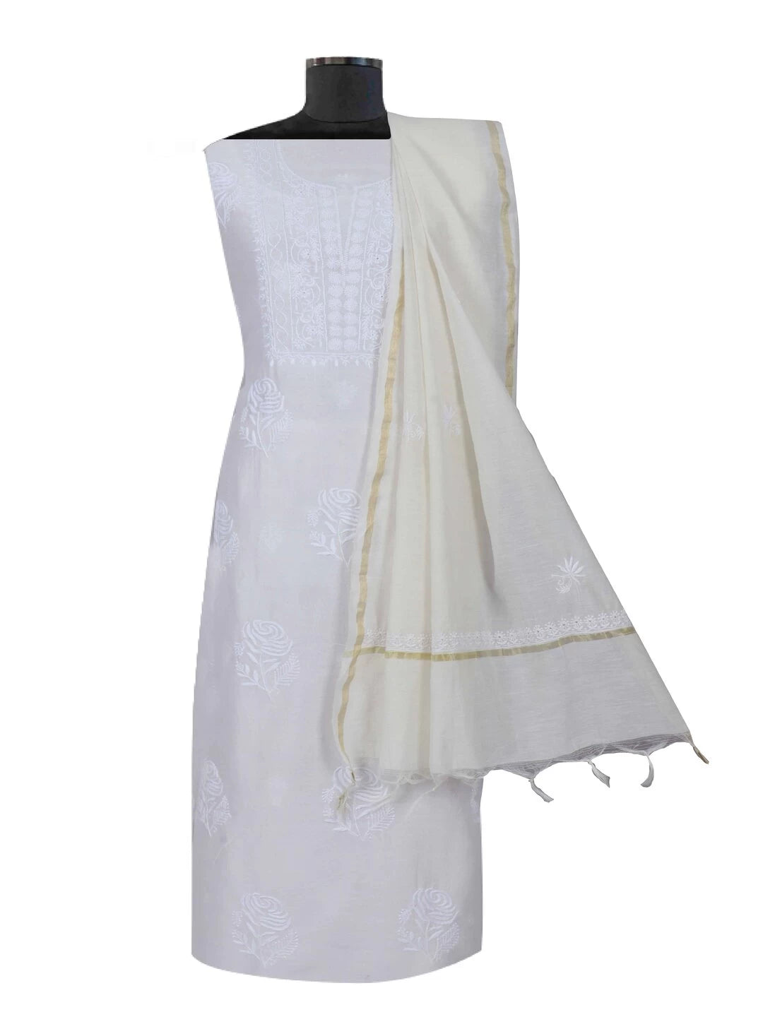 Ada Hand Embroidered White Chanderi Lucknowi Chikankari Unstitched Kurta Dupatta Set 01A133824