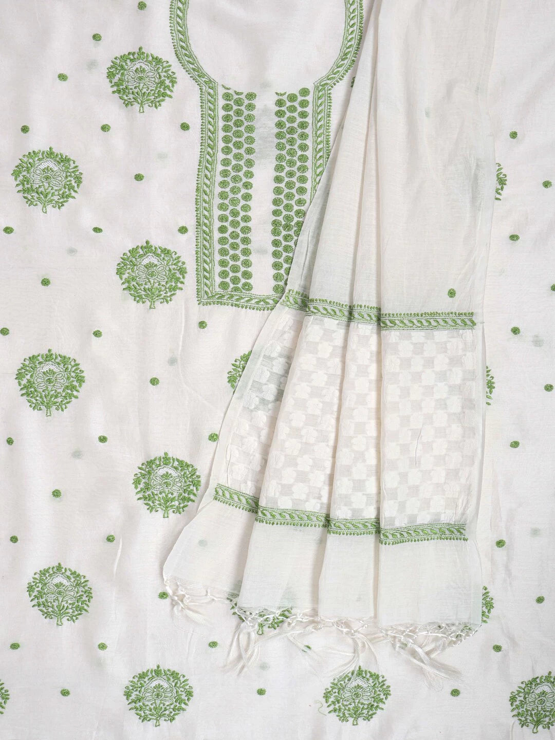Ada Hand Embroidered White Chanderi Lucknowi Chikankari Unstitched Kurta Dupatta Set 01A99866