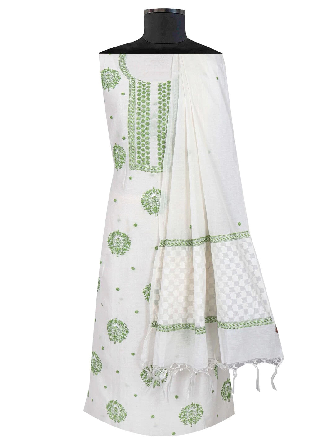 Ada Hand Embroidered White Chanderi Lucknowi Chikankari Unstitched Kurta Dupatta Set 01A99866