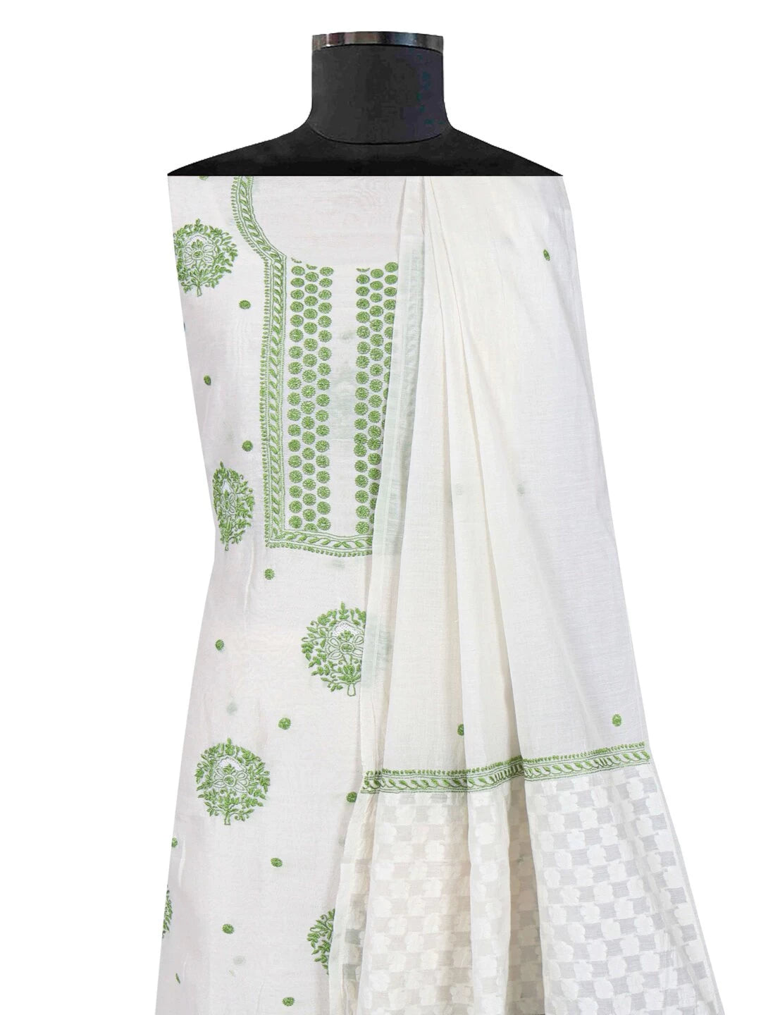 Ada Hand Embroidered White Chanderi Lucknowi Chikankari Unstitched Kurta Dupatta Set 01A99866