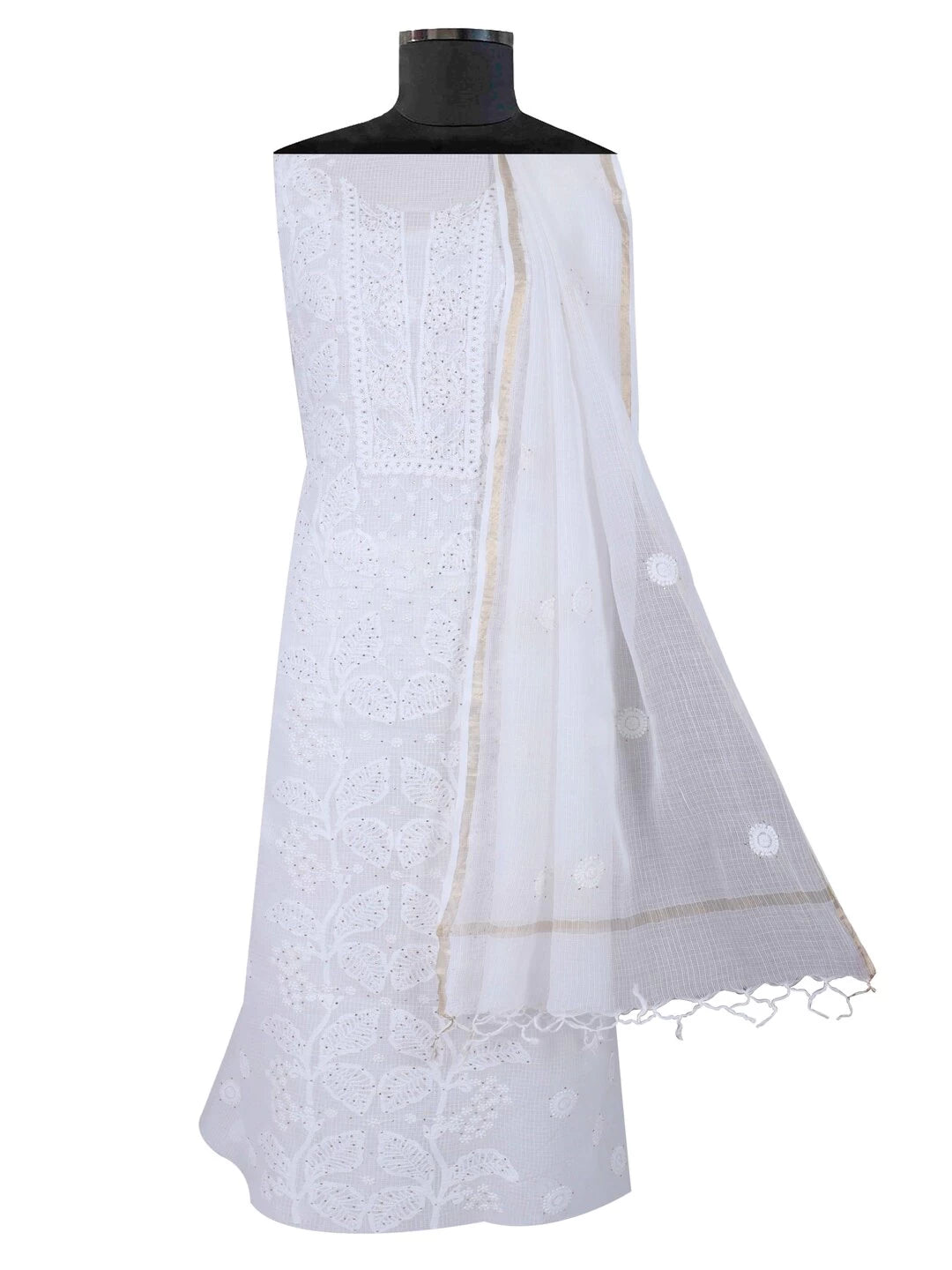 Ada Hand Embroidered White Kota Lucknowi Chikankari Unstitched Kurta Dupatta Set With Muqaish Work 01A152513