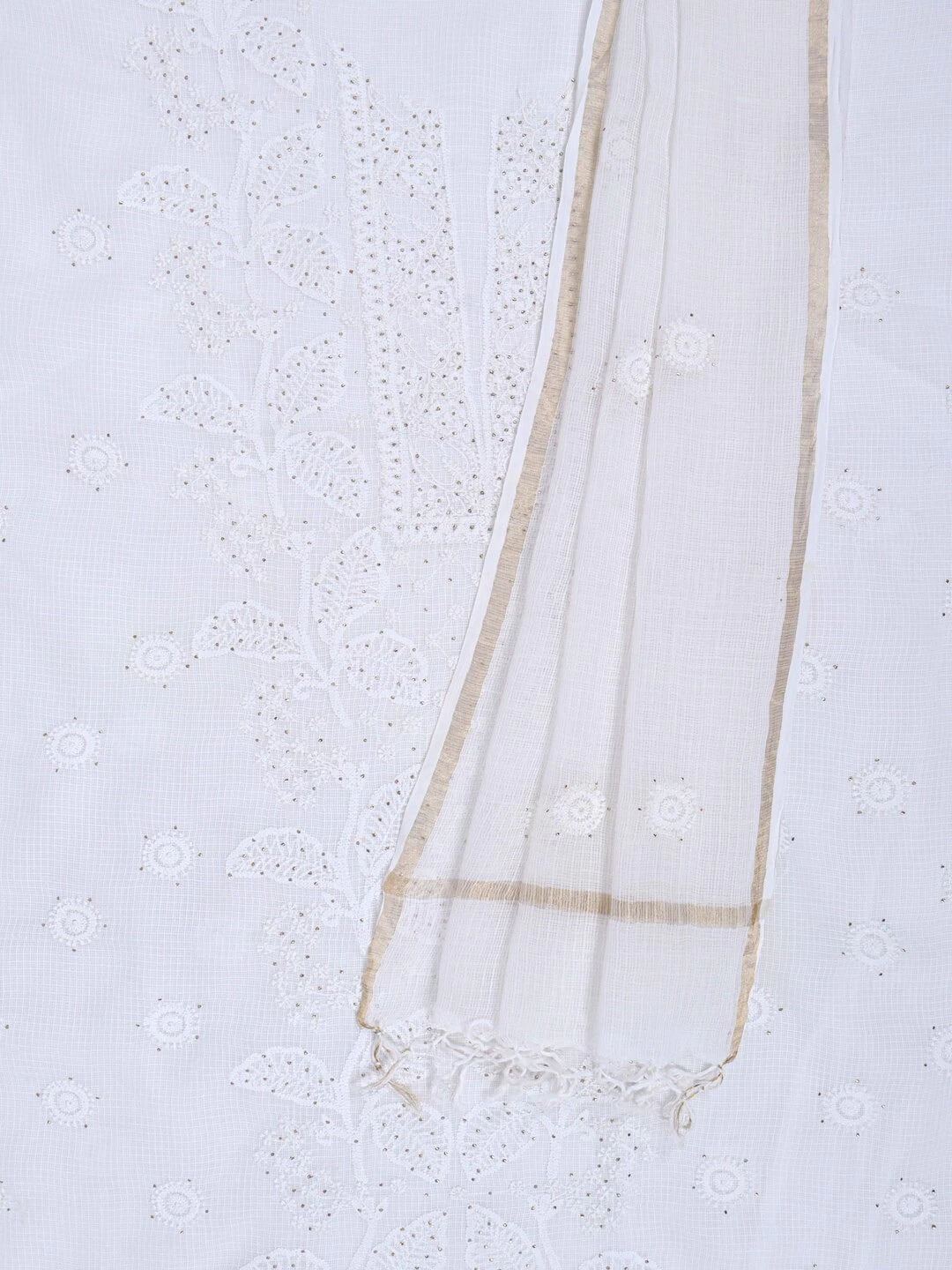 Ada Hand Embroidered White Kota Lucknowi Chikankari Unstitched Kurta Dupatta Set With Muqaish Work 01A152513