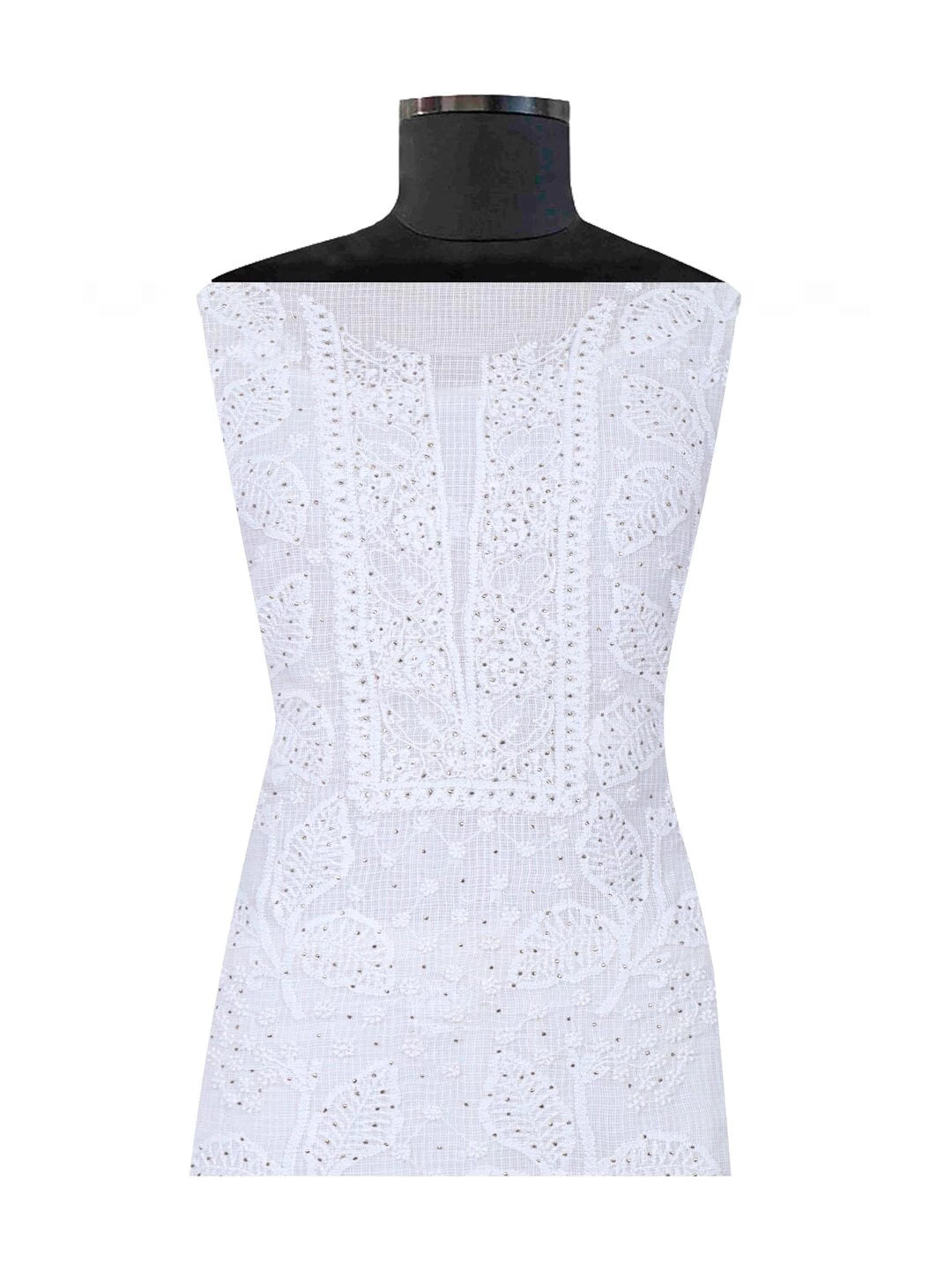 Ada Hand Embroidered White Kota Lucknowi Chikankari Unstitched Kurta Dupatta Set With Muqaish Work 01A152513