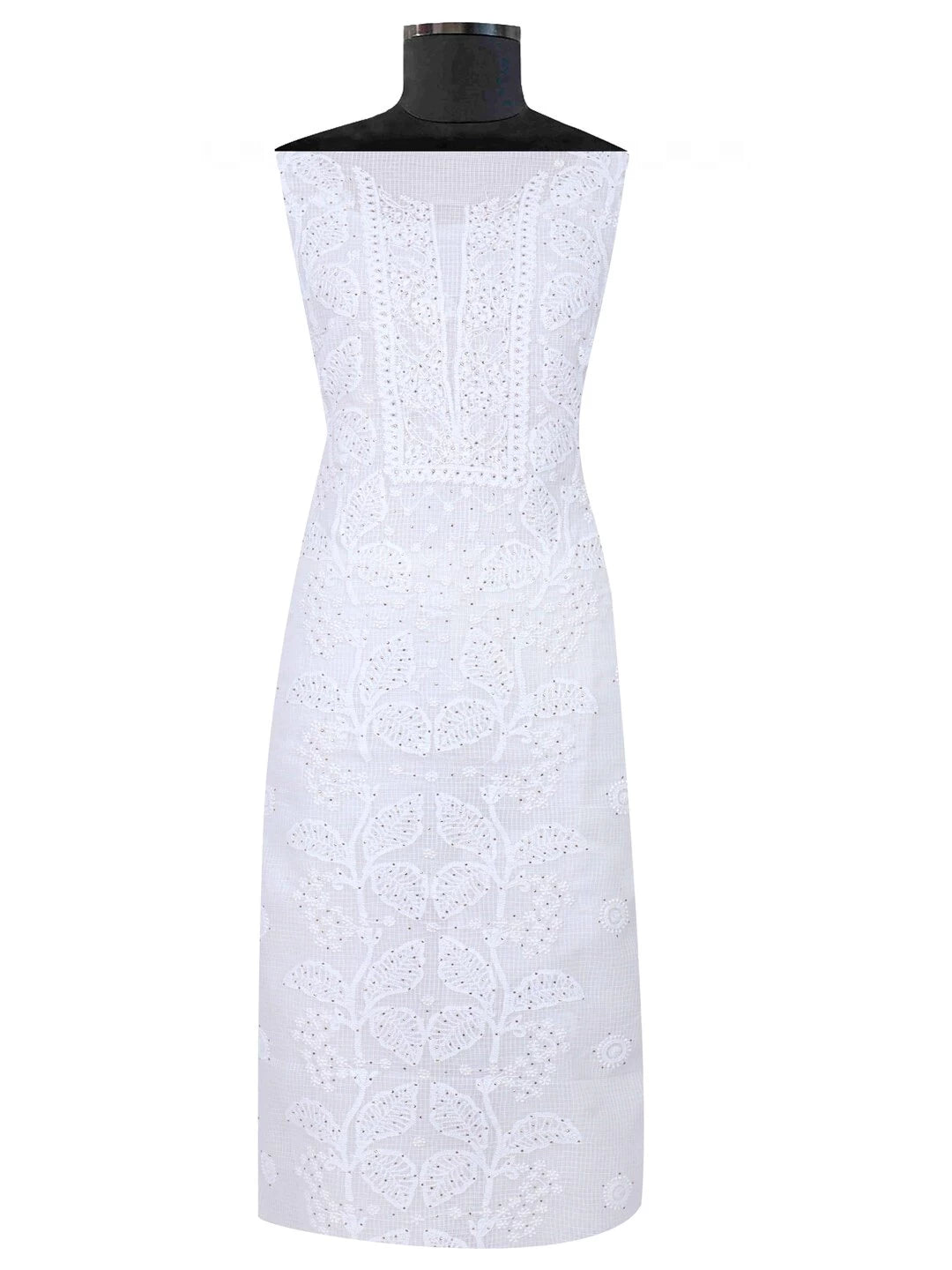 Ada Hand Embroidered White Kota Lucknowi Chikankari Unstitched Kurta Dupatta Set With Muqaish Work 01A152513