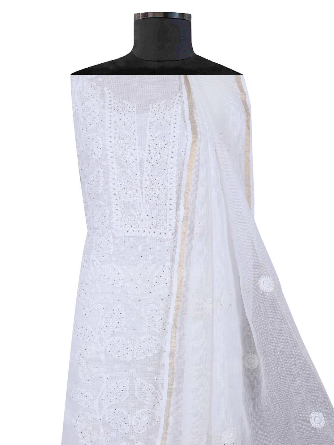 Ada Hand Embroidered White Kota Lucknowi Chikankari Unstitched Kurta Dupatta Set With Muqaish Work 01A152513