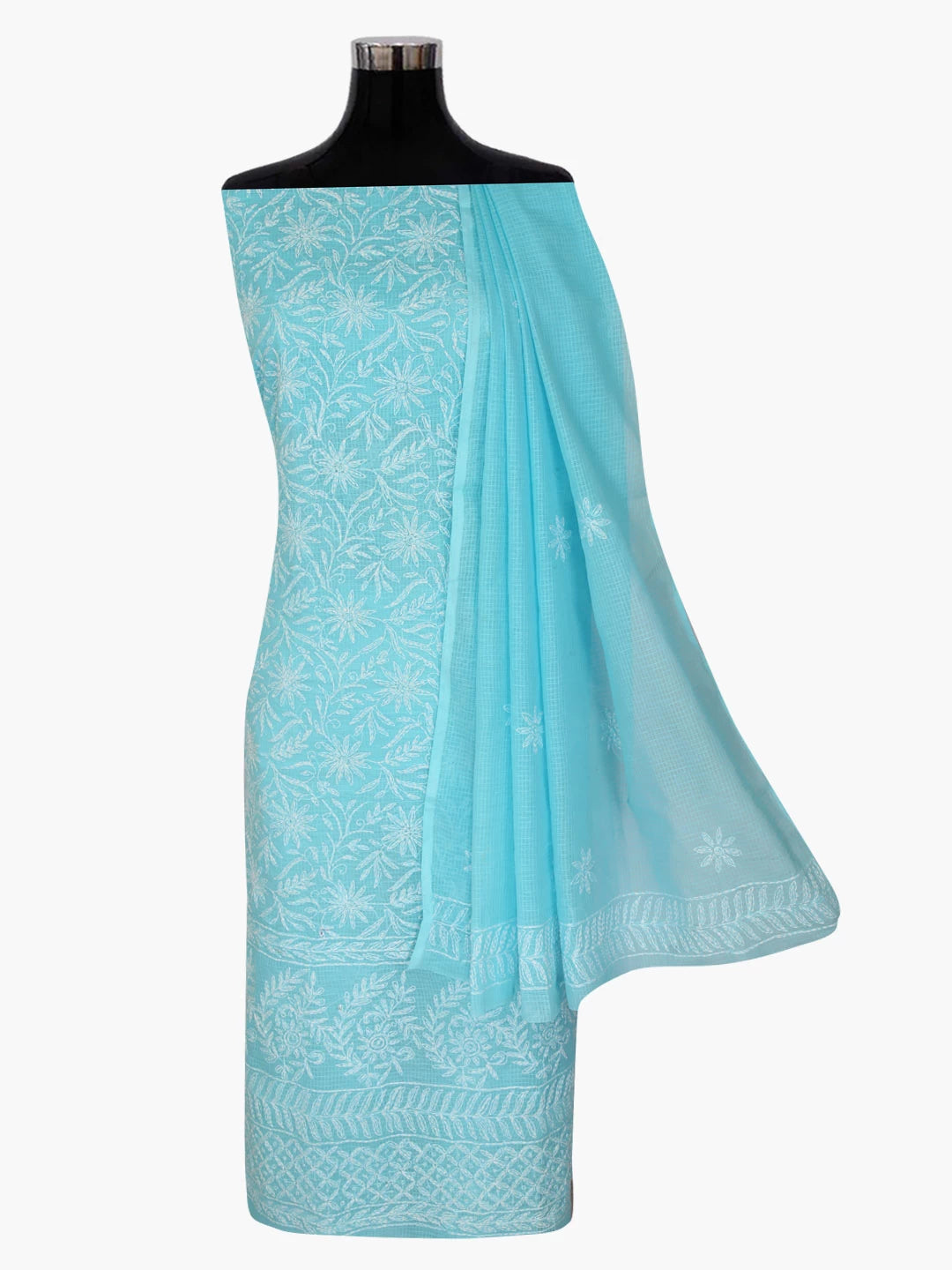 Ada Hand Embroidered Sky Blue Kota Lucknowi Chikankari Unstitched Kurta Dupatta Set 01A357791