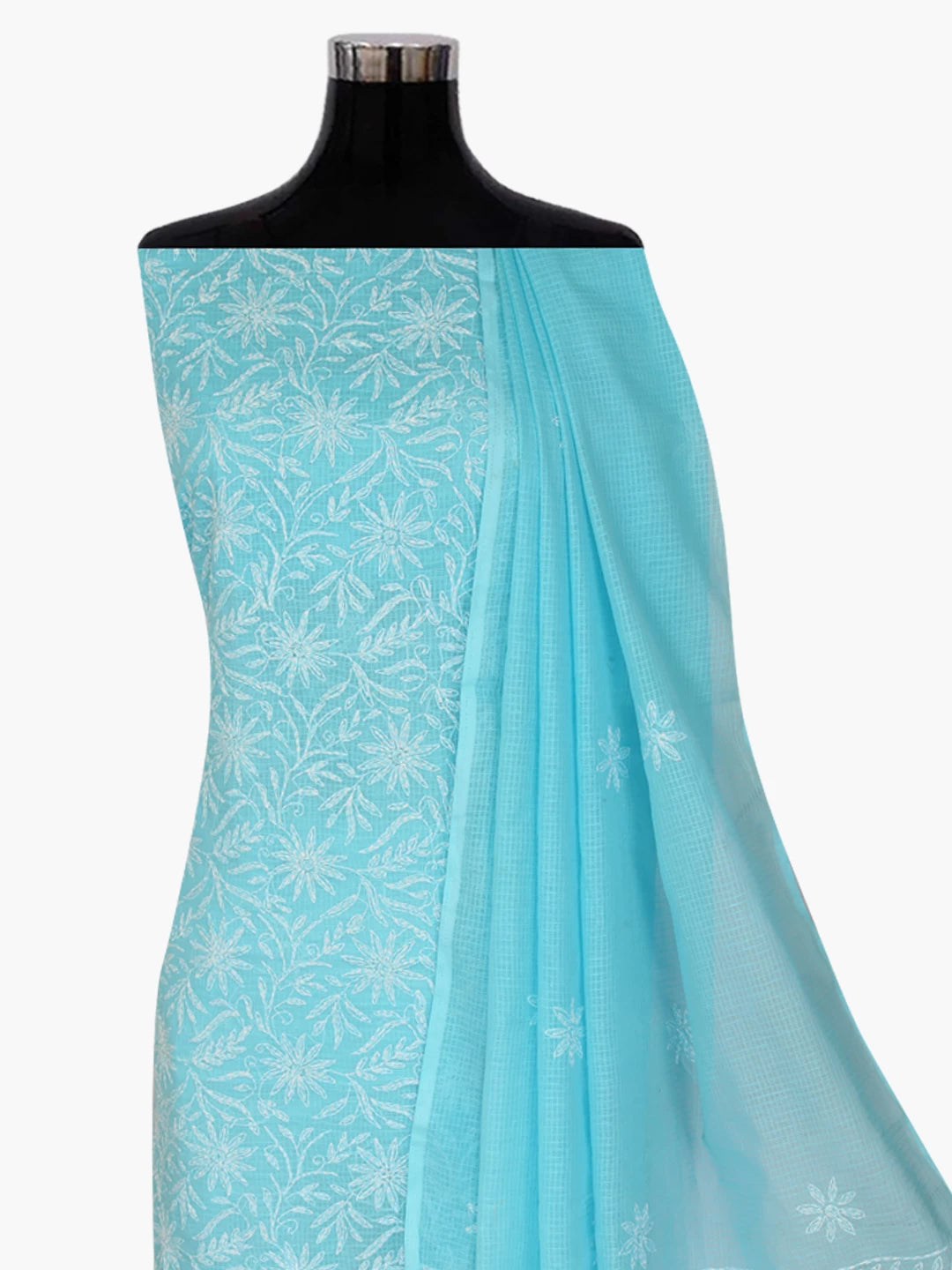 Ada Hand Embroidered Sky Blue Kota Lucknowi Chikankari Unstitched Kurta Dupatta Set 01A357791