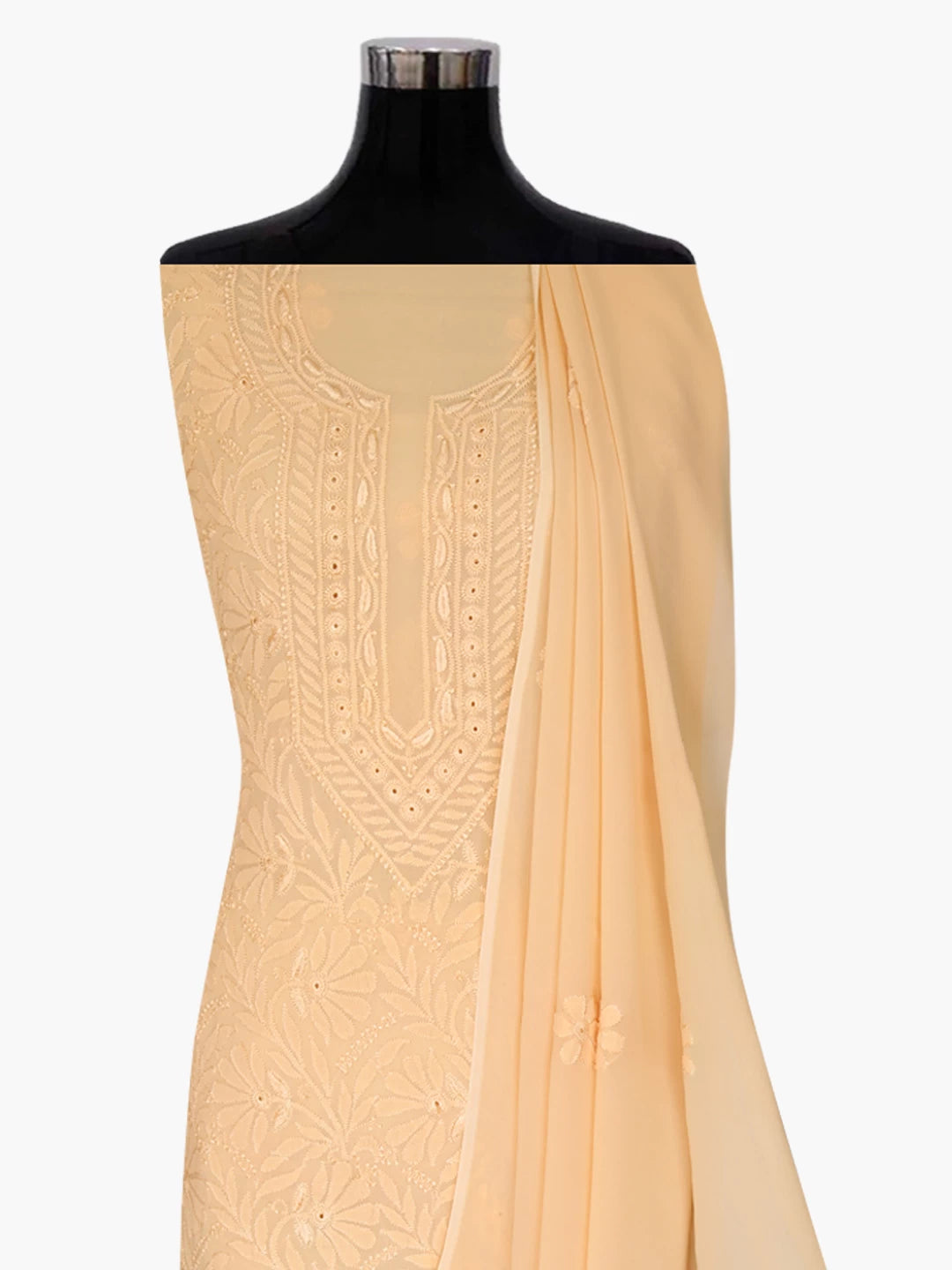 Ada Hand Embroidered Apricot Peach Georgette Lucknowi Chikankari Unstitched Kurta Dupatta Set 01A354564