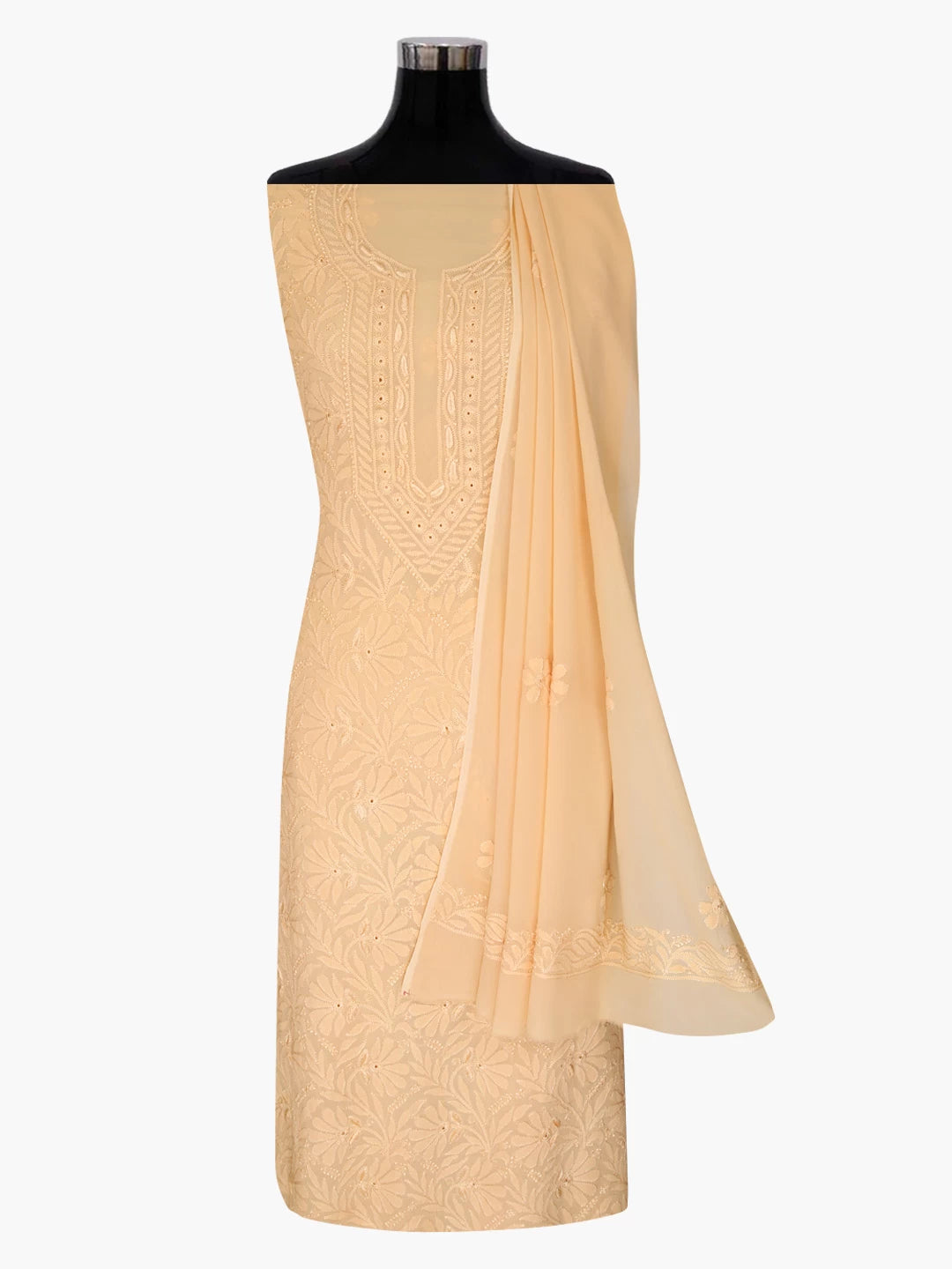 Ada Hand Embroidered Apricot Peach Georgette Lucknowi Chikankari Unstitched Kurta Dupatta Set 01A354564