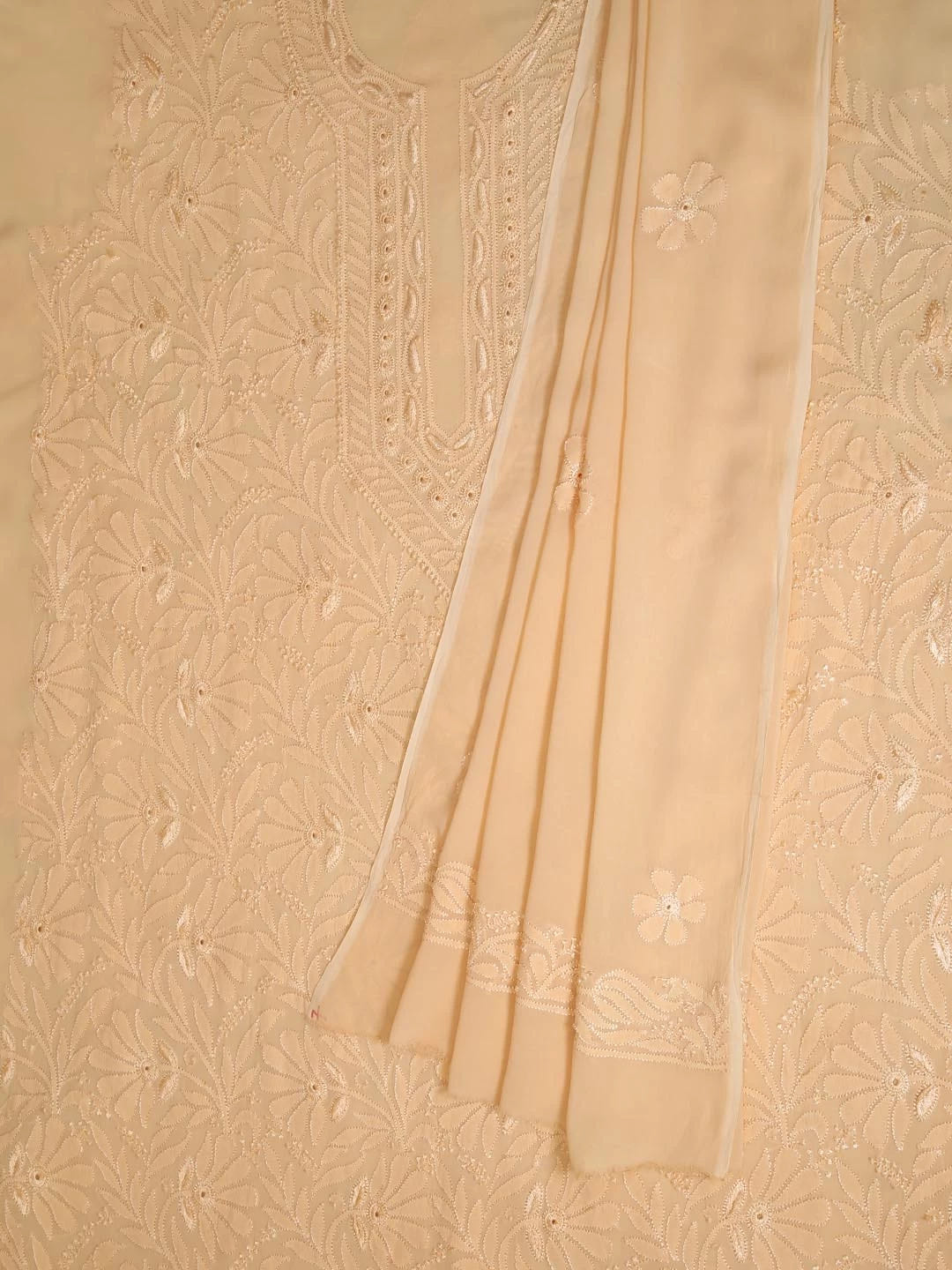 Ada Hand Embroidered Apricot Peach Georgette Lucknowi Chikankari Unstitched Kurta Dupatta Set 01A354564